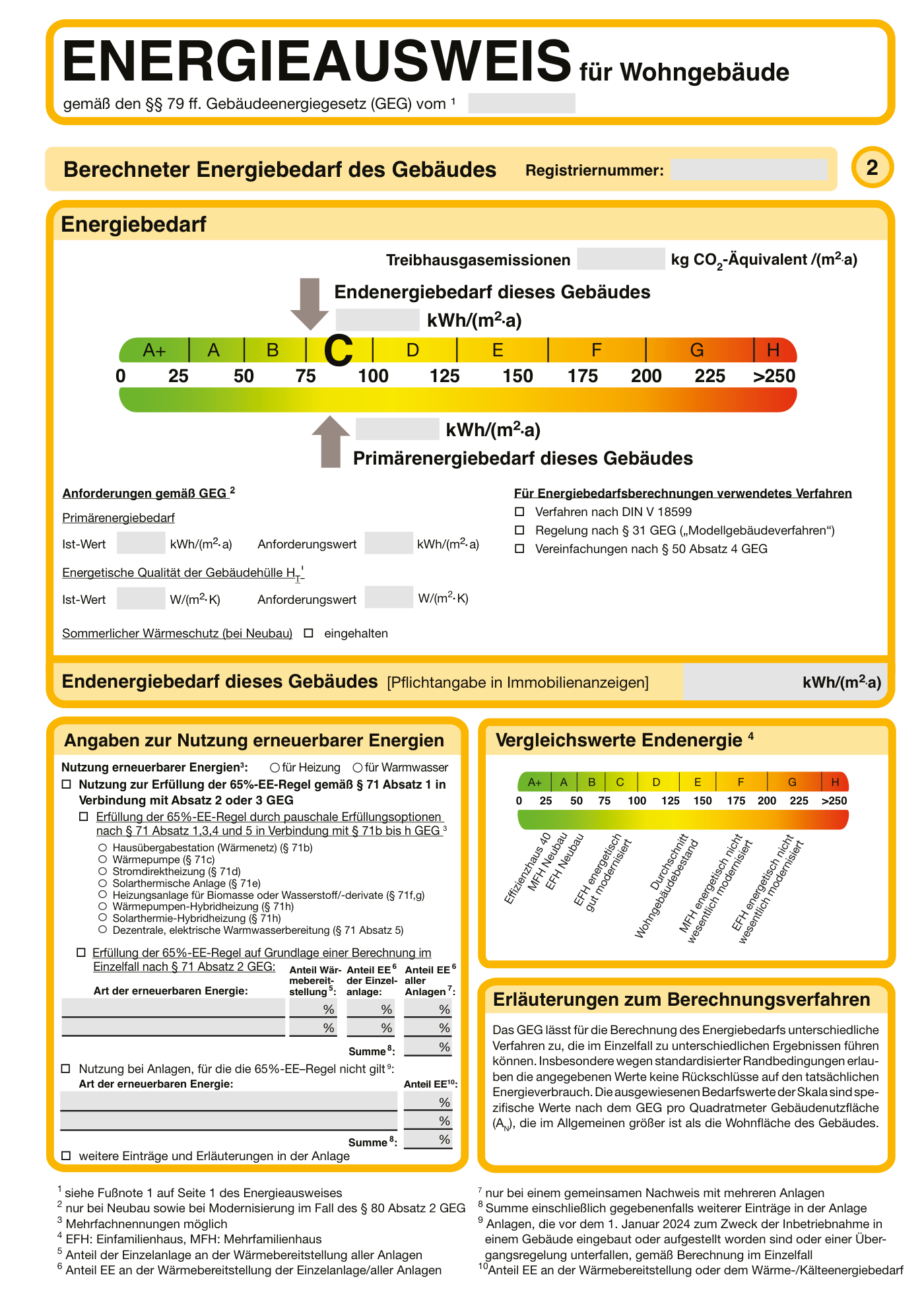 Musterseite eines Energieausweises für Wohngebäude mit Registriernummer, Farbskala von A+ bis H und den Kennwerten für End- und Primärenergiebedarf.