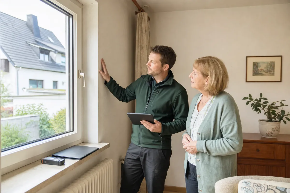 Energieberater erklärt einer Eigentümerin bei der Vor-Ort-Beratung die Fenster ihres Wohnhauses.