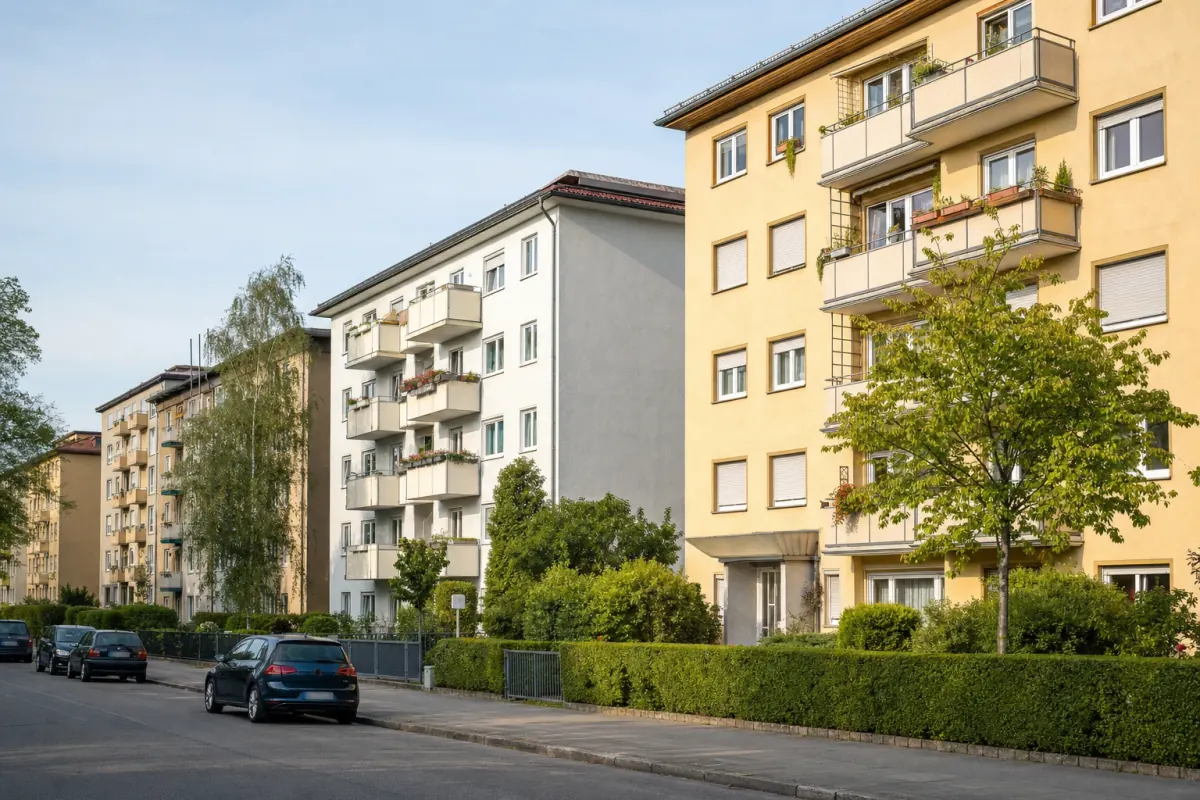 Zeile gepflegter Mehrfamilienhäuser mit Balkonen und Vorgärten in einer ruhigen Wohnstraße am späten Nachmittag.