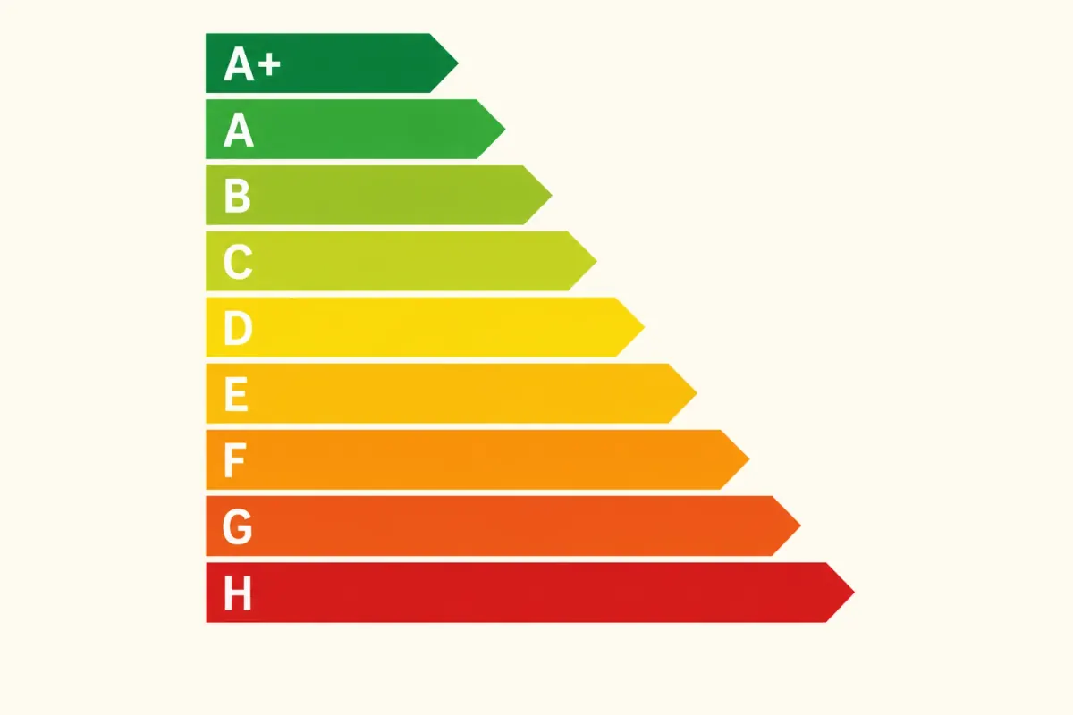 Skala der Energieeffizienzklassen von A+ bis H, in Stufen von Grün über Gelb nach Rot.