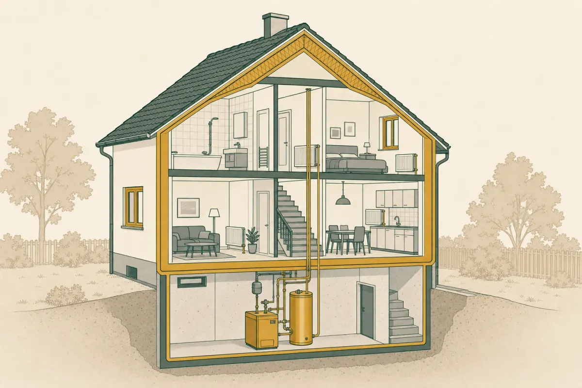 Illustrierter Schnitt durch ein Einfamilienhaus: Dachdämmung, Außenwände, Fenster, Kellerdecke sowie Heizkessel und Warmwasserspeicher sind hervorgehoben.