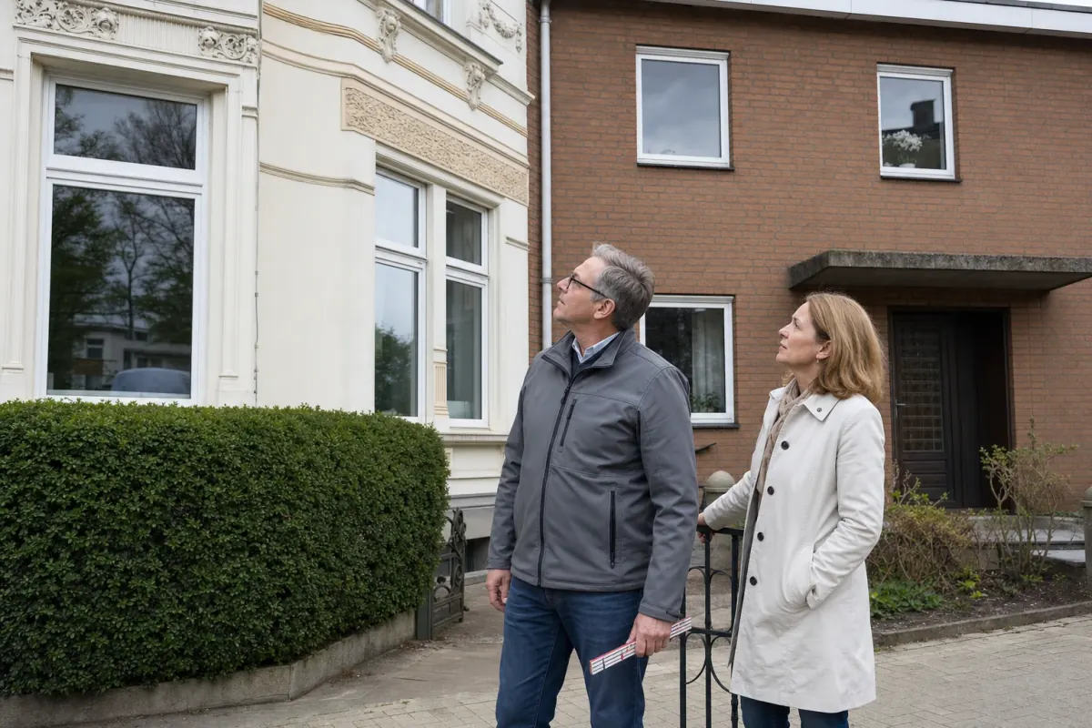 Energieberater und Eigentümerin stehen auf dem Gehweg zwischen einem Gründerzeithaus mit Stuckfassade und einem schlichten Reihenhaus aus den 1980er-Jahren.