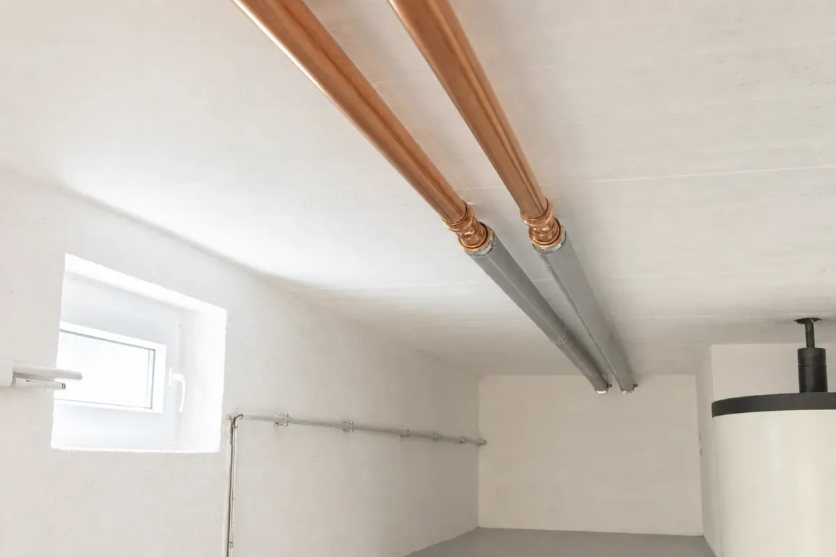 Heizungsrohre unter einer Kellerdecke: der vordere Abschnitt blankes Kupfer, ab einer Muffe sind beide Rohre mit Dämmschalen ummantelt.