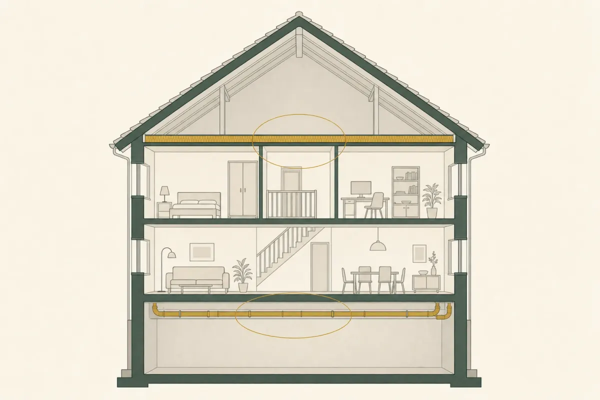Illustrierter Schnitt durch ein Einfamilienhaus, in dem zwei Stellen hervorgehoben sind: Dämmung der obersten Geschossdecke und gedämmte Leitungen im Keller.