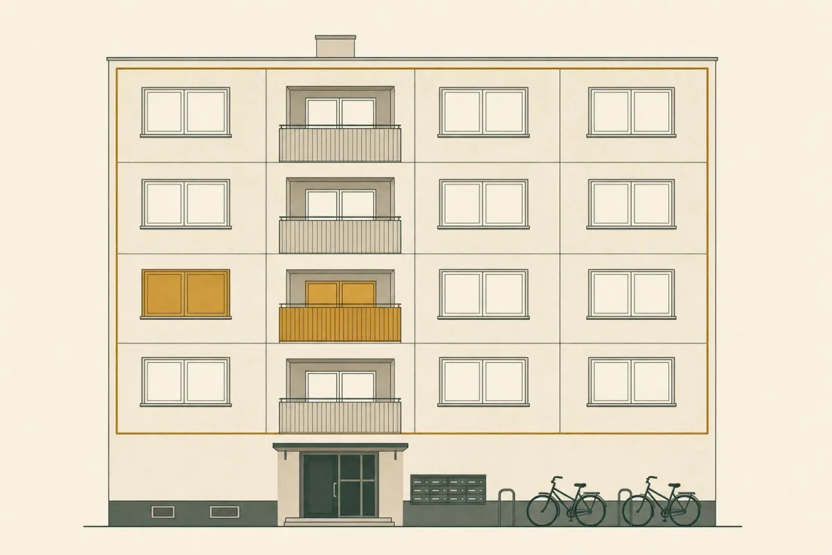 Illustrierter Aufriss eines Mehrfamilienhauses: die Fenster und der Balkon einer einzelnen Wohnung sind hervorgehoben, eine durchgehende Linie umfasst das gesamte Gebäude.
