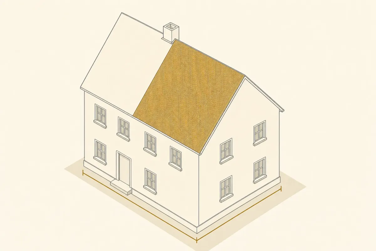 Illustriertes Einfamilienhaus als Körper, bei dem eine der beiden Dachflächen als Anteil der Gebäudehülle schraffiert hervorgehoben ist.