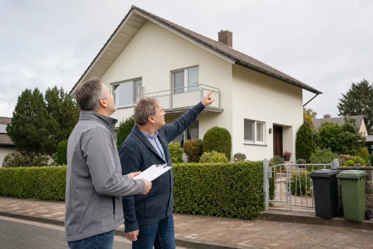 Energieberater und Eigentümer begutachten von der Straße aus die Fassade eines Einfamilienhauses.
