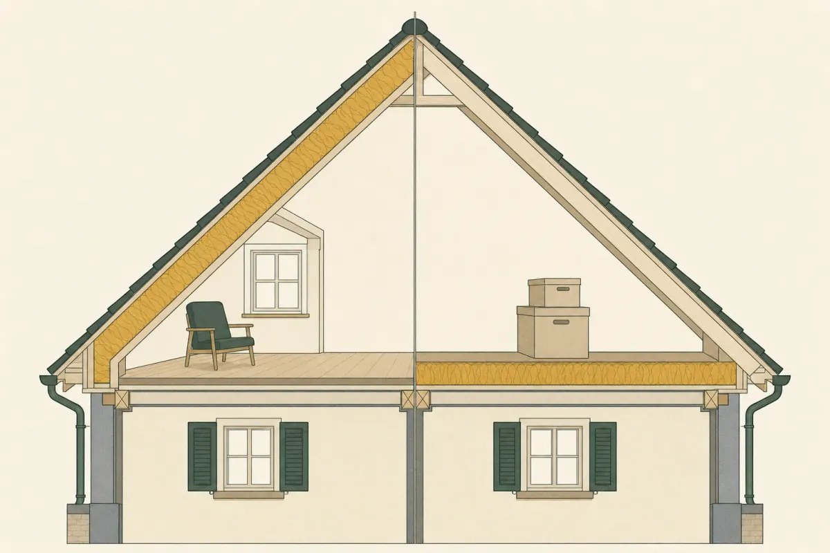 Illustrierter Dachschnitt, zweigeteilt: links Dämmung zwischen den Sparren mit ausgebautem Raum, rechts Dämmung auf der obersten Geschossdecke mit kaltem Speicher darüber.