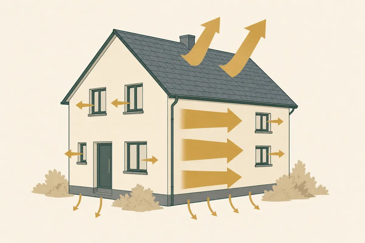 Illustriertes Einfamilienhaus, aus dem unterschiedlich breite Pfeile die Wärmeverluste über Dach, Außenwände, Fenster und Keller darstellen.