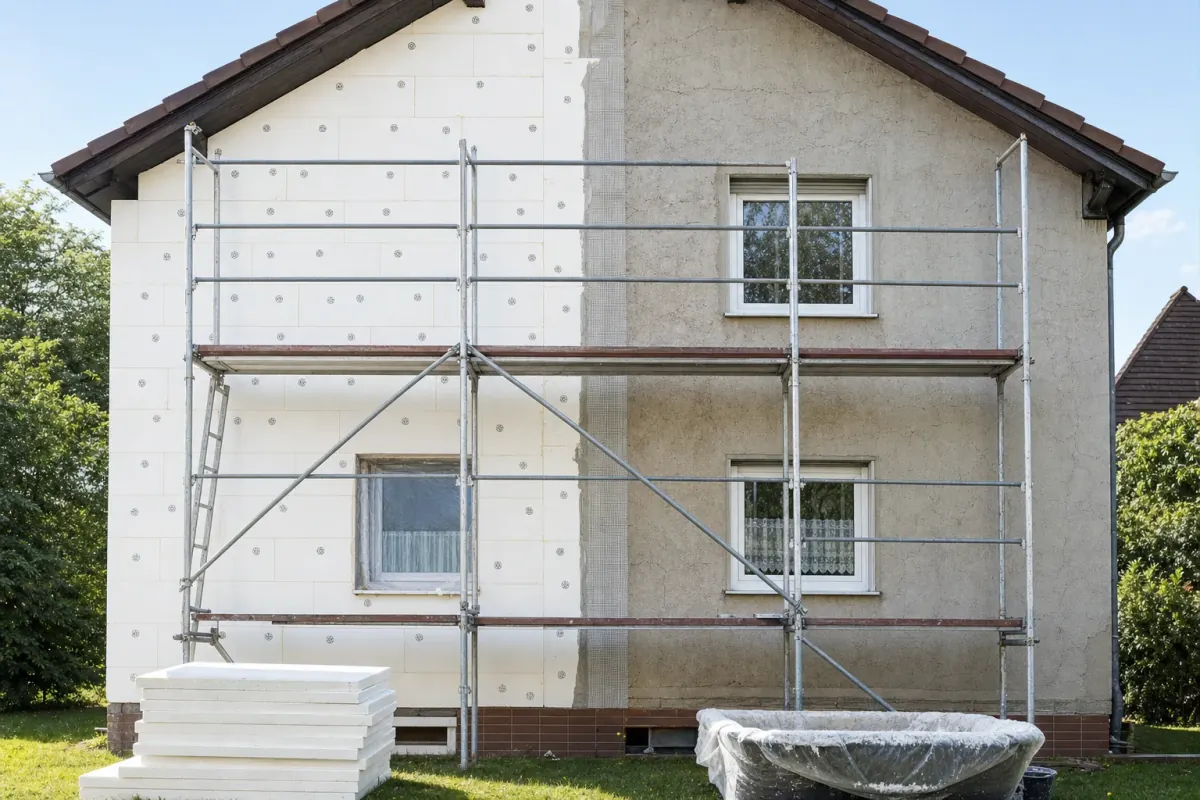 Halb gedämmte Hausfassade: rechts der alte Putz, links bereits montierte Dämmplatten mit Tellerdübeln und angesetztem Armierungsgewebe.