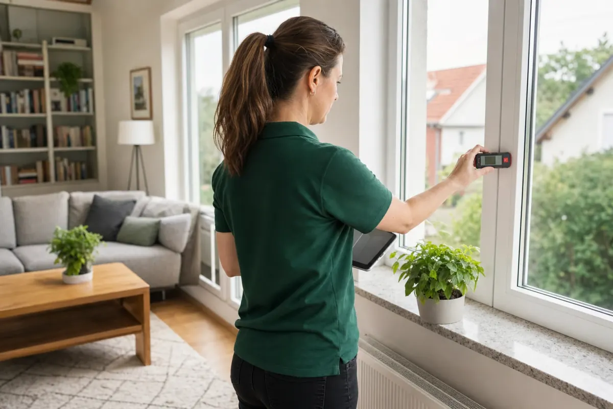 Energieberaterin misst mit einem Laser-Entfernungsmesser am Fenster einer bewohnten Wohnung und notiert den Wert auf einem Tablet.