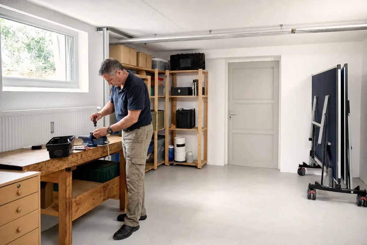 Heller, trockener Kellerraum mit Heizkörper unter dem Fenster: Ein Mann arbeitet an einer Werkbank, dahinter Regale und eine zusammengeklappte Tischtennisplatte.