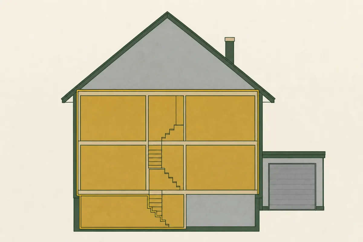 Illustrierter Schnitt durch ein Einfamilienhaus: Die beheizte Zone mit Treppenhaus und einem Kellerteil ist als zusammenhängende Fläche hervorgehoben, unbeheizter Dachboden, restlicher Keller und Garage bleiben grau.