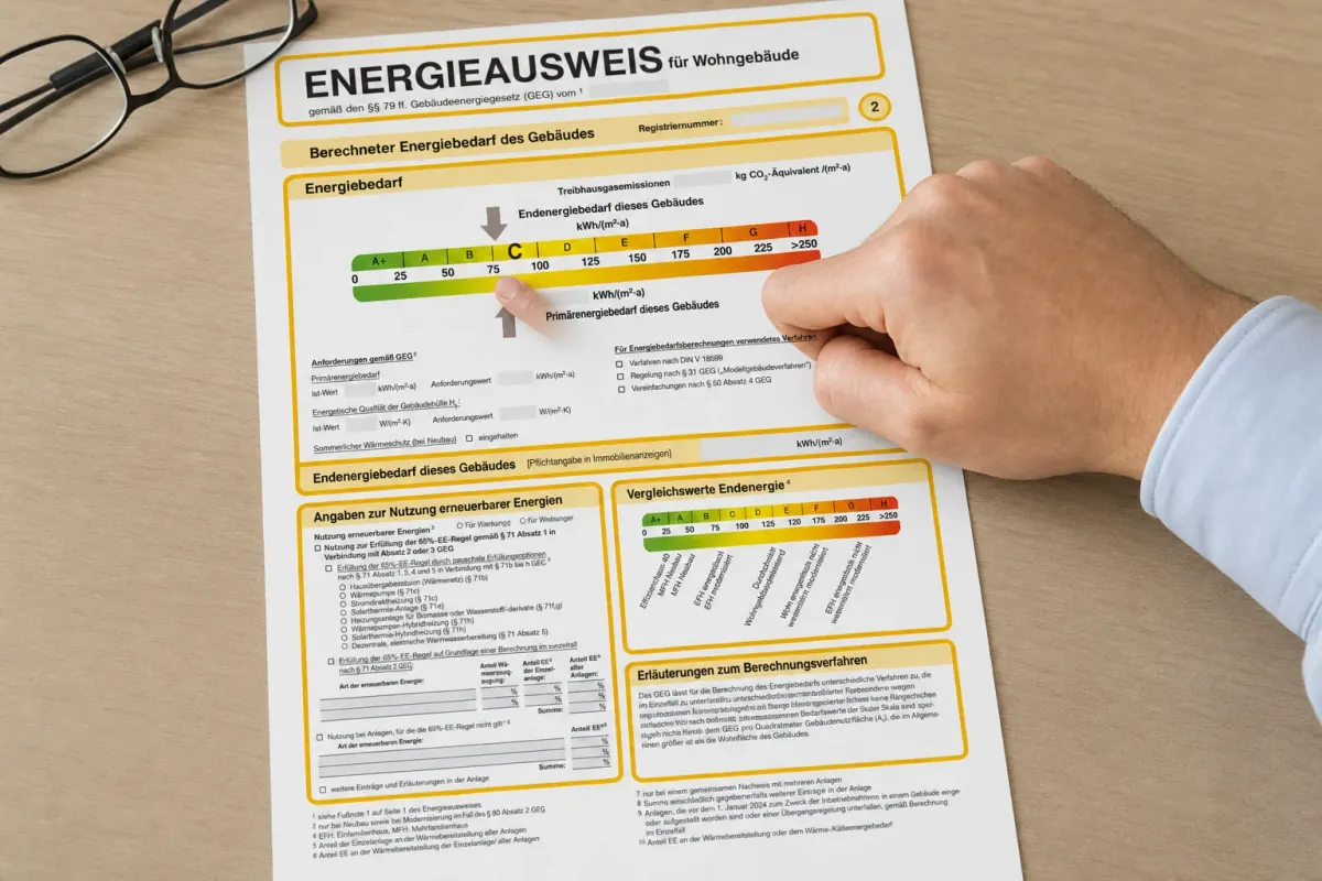 Nahaufnahme eines aufgeschlagenen Energieausweises: ein Finger zeigt auf den Pfeil über der Farbskala von A+ bis H.