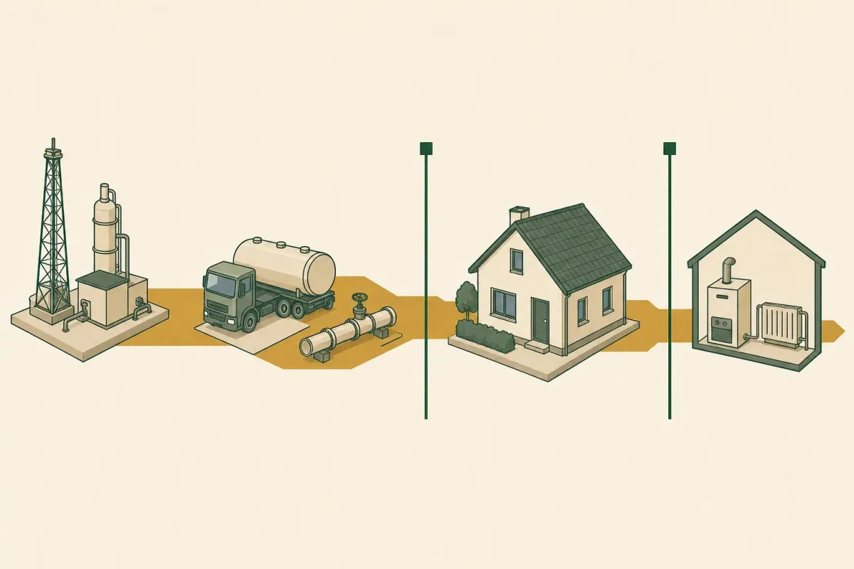 Illustrierte Energiekette von der Förderung über den Transport bis zum Heizkessel im Haus, mit zwei markierten Systemgrenzen.