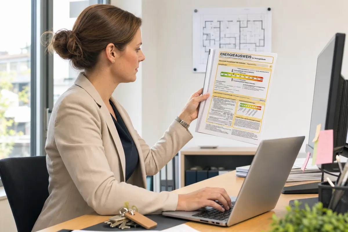 Maklerin überträgt am Schreibtisch die Kennwerte aus einem Energieausweis in ein Immobilieninserat.