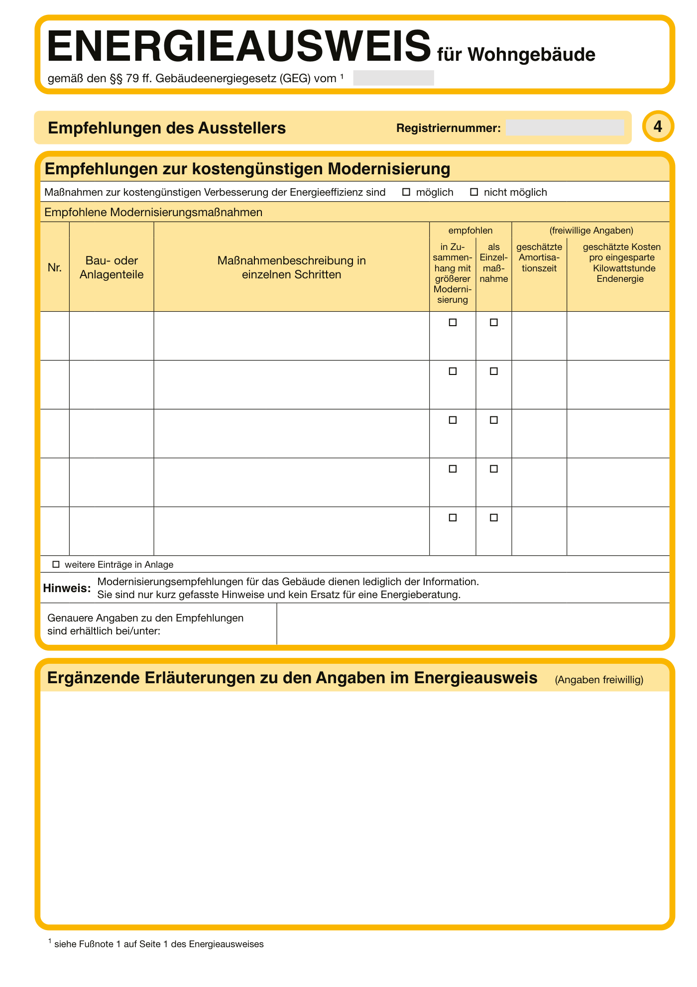 Seite 4 des amtlichen Energieausweis-Musters für Wohngebäude: die Maßnahmentabelle der Modernisierungsempfehlungen, markiert mit vier goldenen Ziffernmarken.