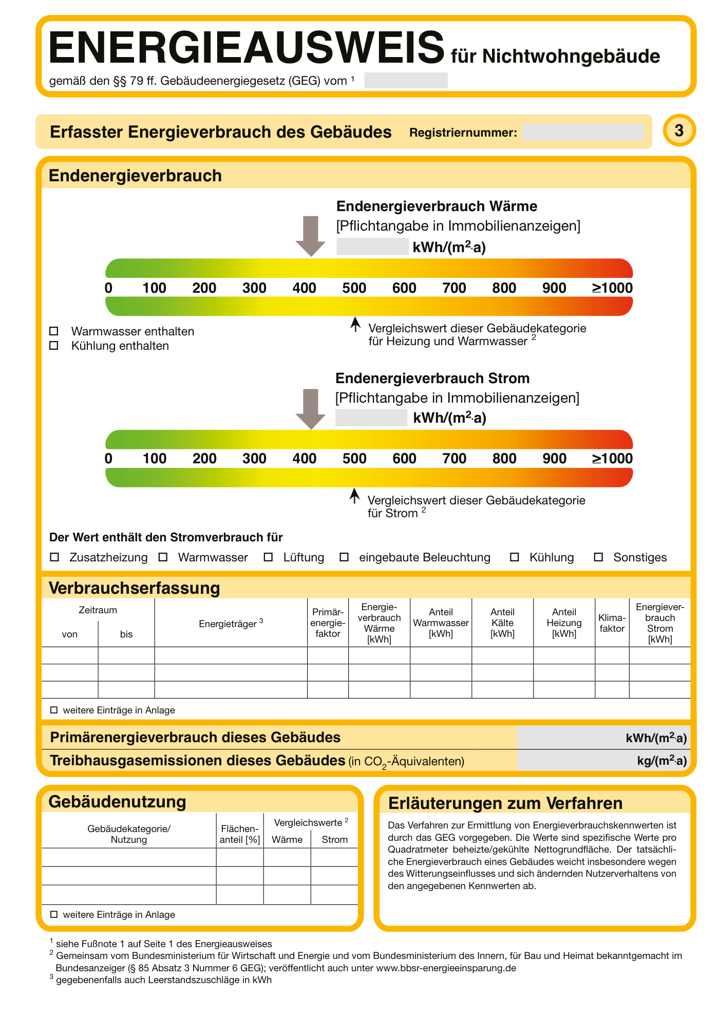 Seite 3 des amtlichen Energieausweis-Musters für Nichtwohngebäude: getrennte Kennwertbänder für Wärme und Strom, markiert mit zwei goldenen Ziffernmarken.