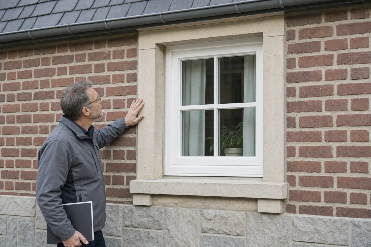 Ein Energieberater prüft von außen den Anschluss zwischen Fensterrahmen und Wand an einem für Aachen typischen Wohnhaus.