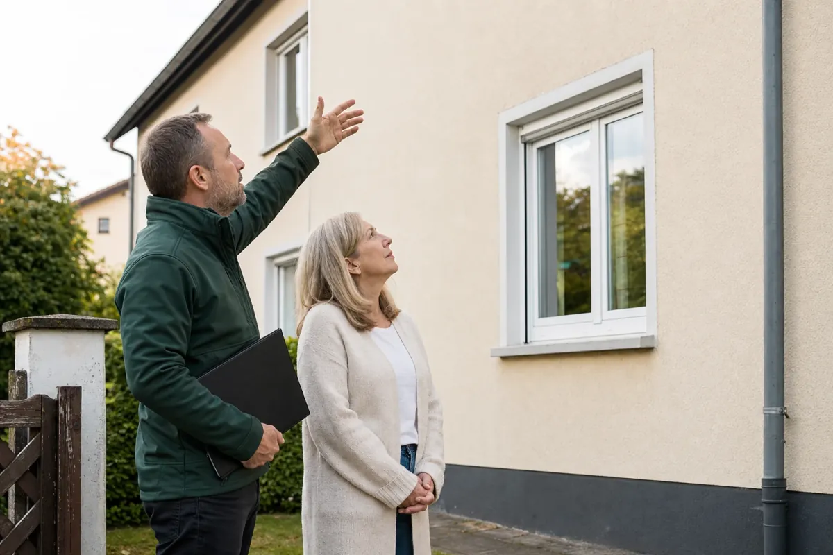 Ein Energieberater und eine Eigentümerin stehen vor einem für Bad Homburg typischen Wohnhaus und sehen zum Dachrand hinauf.