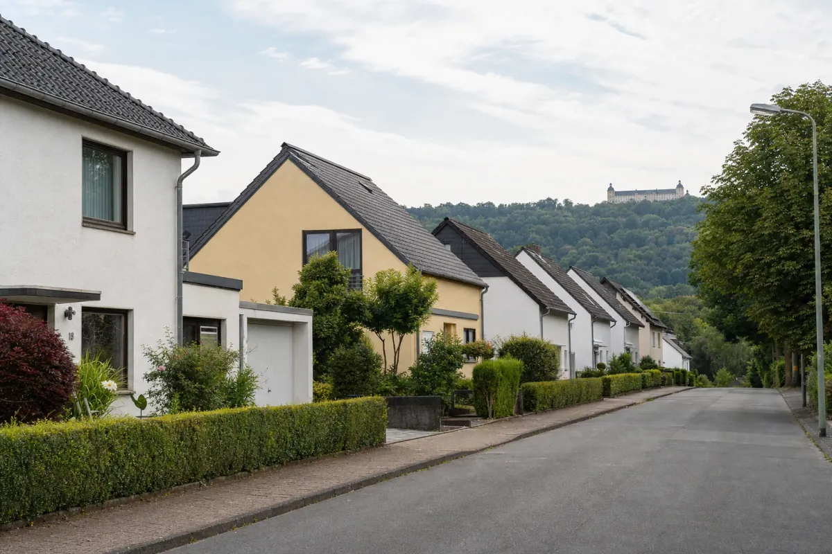 Wohnstraße in Bergisch Gladbach: die für die Stadt typische Bebauung, im Hintergrund über den Dächern ein Wahrzeichen der Stadt.