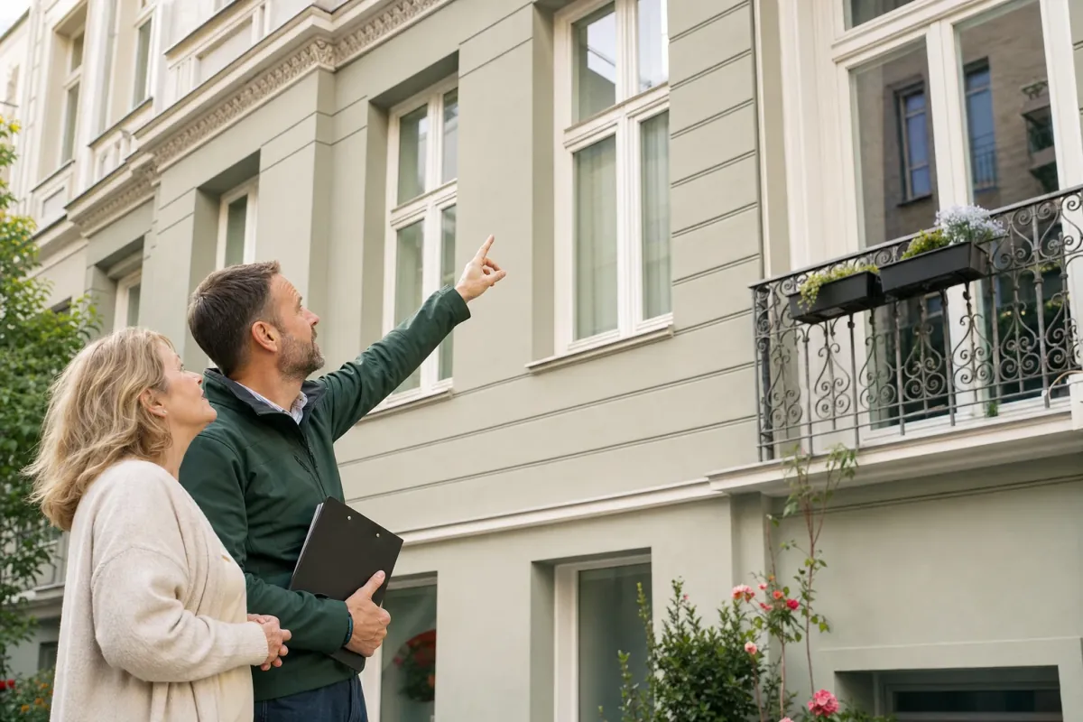 Ein Energieberater und eine Eigentümerin stehen vor einem für Berlin typischen Wohnhaus und sehen zum Dachrand hinauf.