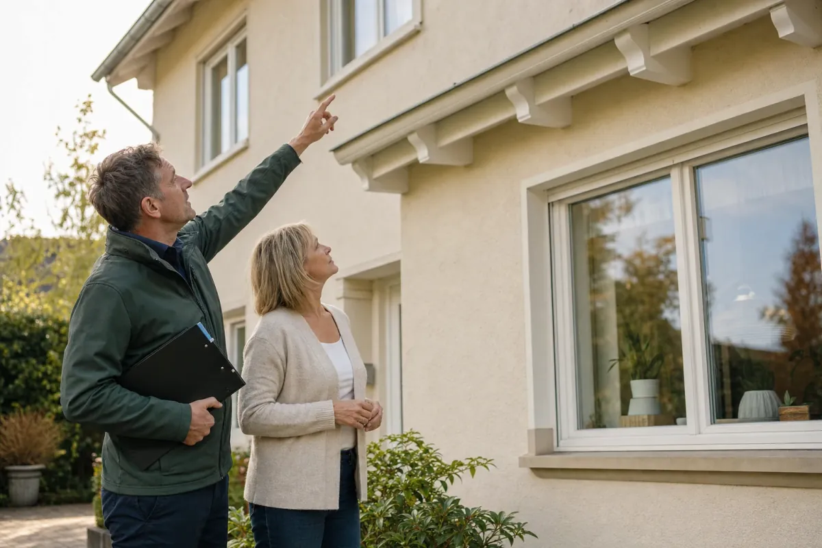 Ein Energieberater und eine Eigentümerin stehen vor einem für Bielefeld typischen Wohnhaus und sehen zum Dachrand hinauf.