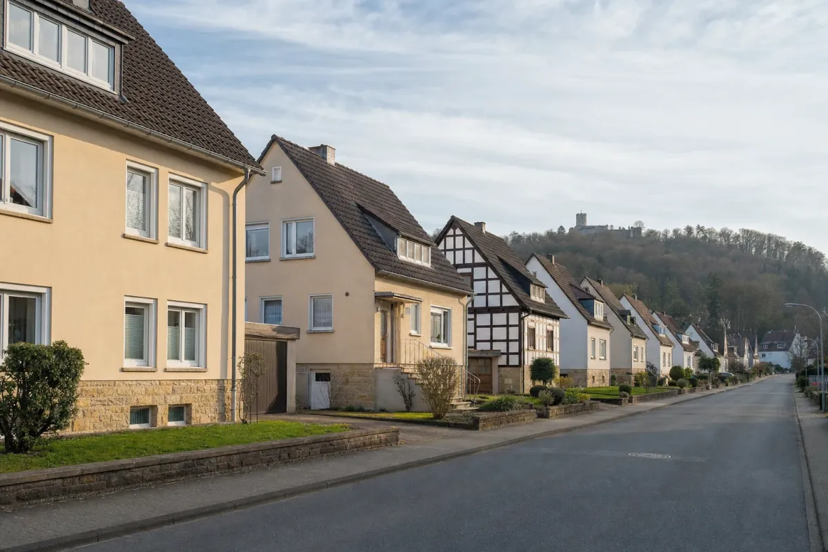Wohnstraße in Bielefeld: die für die Stadt typische Bebauung, im Hintergrund über den Dächern ein Wahrzeichen der Stadt.
