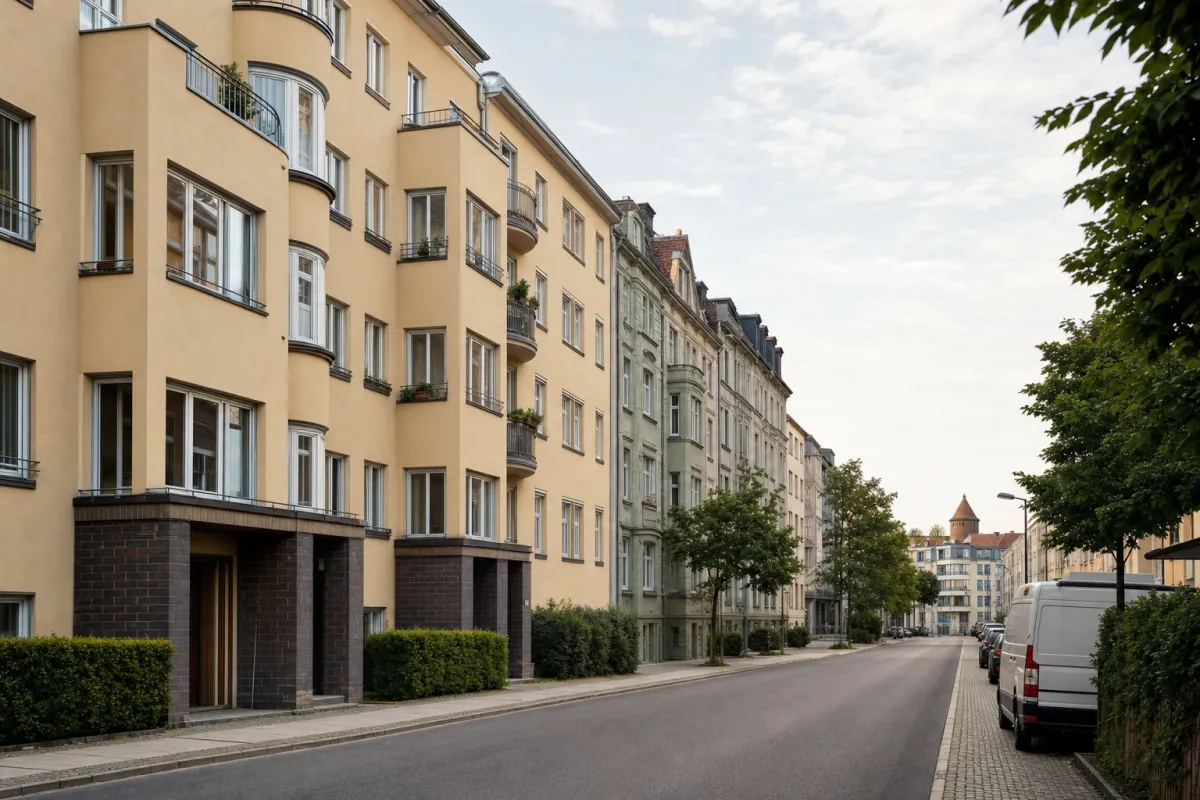 Wohnstraße in Chemnitz: die für die Stadt typische Bebauung, im Hintergrund über den Dächern ein Wahrzeichen der Stadt.