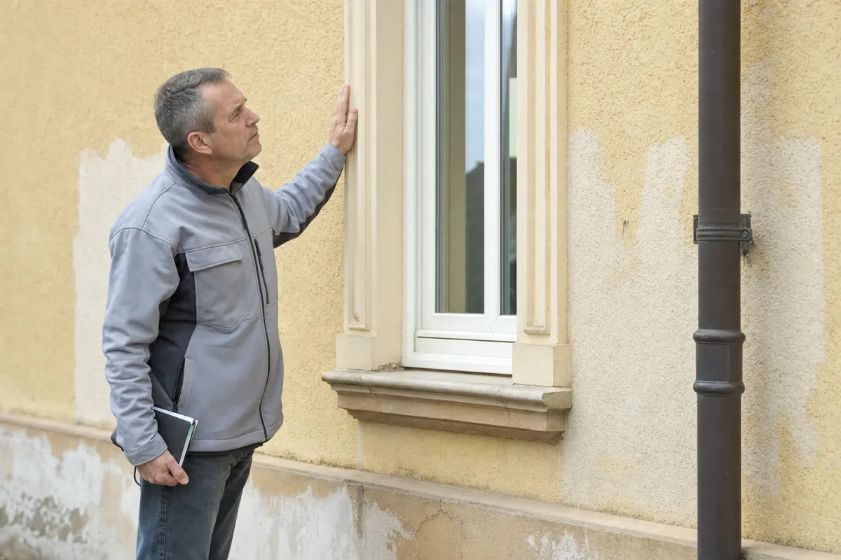 Ein Energieberater prüft von außen den Anschluss zwischen Fensterrahmen und Wand an einem für Cottbus typischen Wohnhaus.