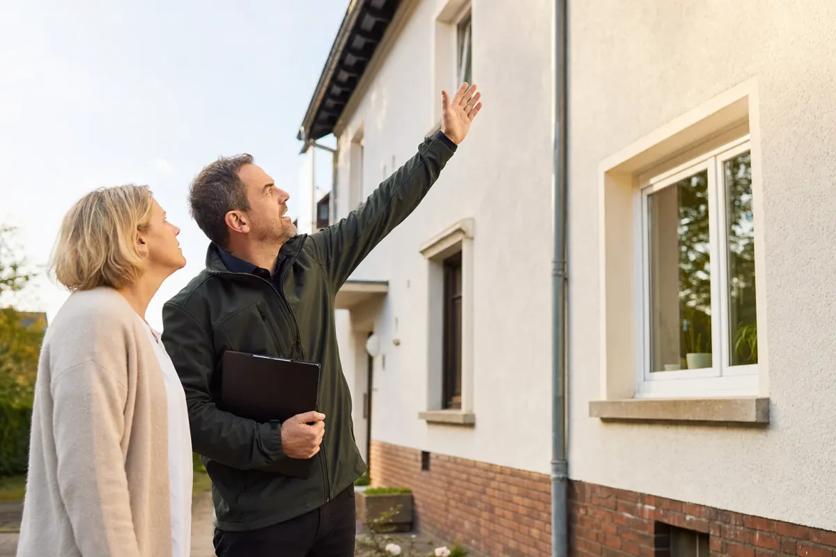 Ein Energieberater und eine Eigentümerin stehen vor einem für Dortmund typischen Wohnhaus und sehen zum Dachrand hinauf.