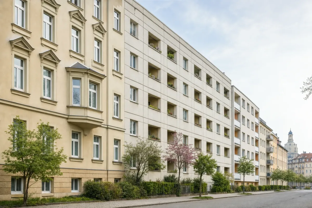 Wohnstraße in Dresden: die für die Stadt typische Bebauung, im Hintergrund über den Dächern ein Wahrzeichen der Stadt.