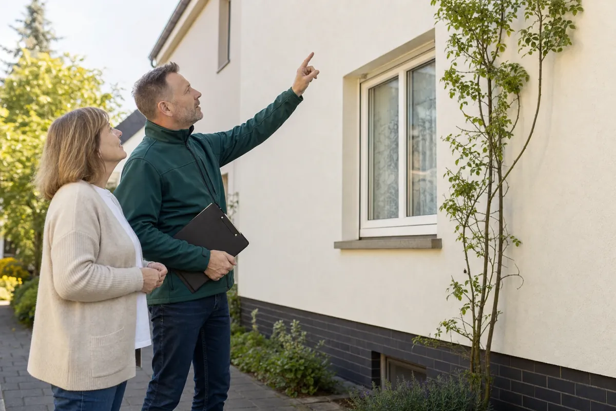 Ein Energieberater und eine Eigentümerin stehen vor einem für Düren typischen Wohnhaus und sehen zum Dachrand hinauf.