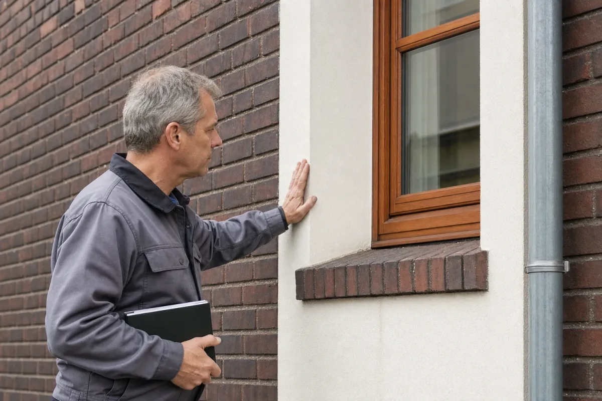 Ein Energieberater prüft von außen den Anschluss zwischen Fensterrahmen und Wand an einem für Duisburg typischen Wohnhaus.
