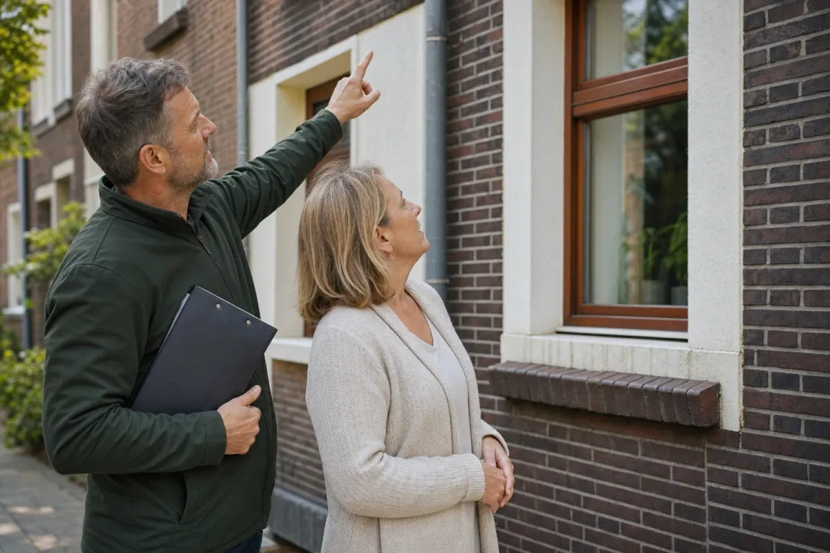 Ein Energieberater und eine Eigentümerin stehen vor einem für Duisburg typischen Wohnhaus und sehen zum Dachrand hinauf.