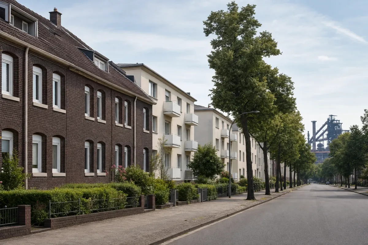 Wohnstraße in Duisburg: die für die Stadt typische Bebauung, im Hintergrund über den Dächern ein Wahrzeichen der Stadt.