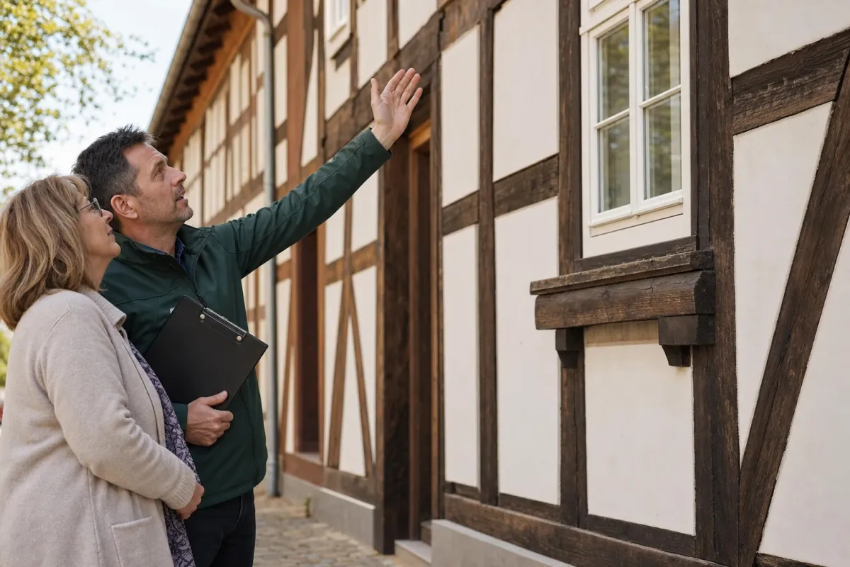 Ein Energieberater und eine Eigentümerin stehen vor einem für Erfurt typischen Wohnhaus und sehen zum Dachrand hinauf.