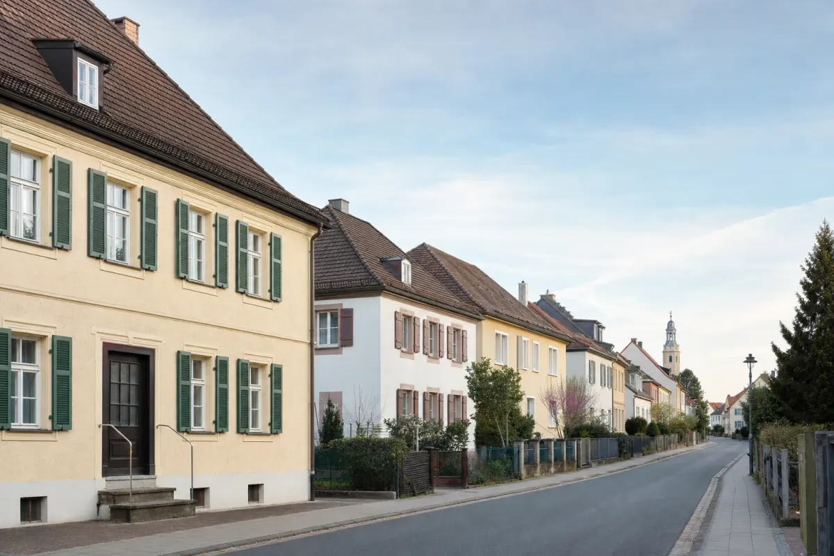 Wohnstraße in Erlangen: die für die Stadt typische Bebauung, im Hintergrund über den Dächern ein Wahrzeichen der Stadt.