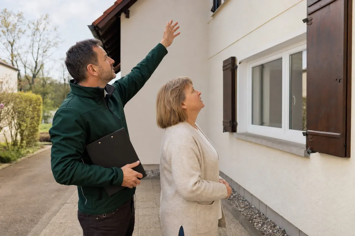 Ein Energieberater und eine Eigentümerin stehen vor einem für Esslingen typischen Wohnhaus und sehen zum Dachrand hinauf.