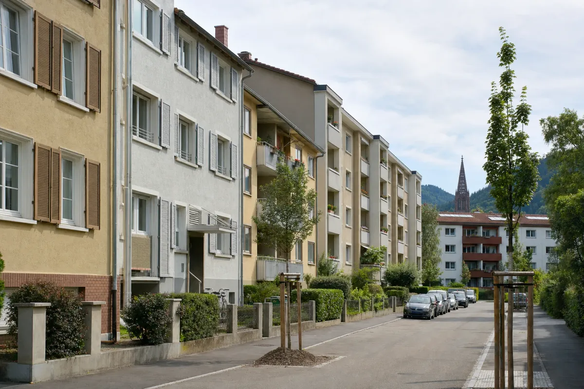 Wohnstraße in Freiburg: die für die Stadt typische Bebauung, im Hintergrund über den Dächern ein Wahrzeichen der Stadt.