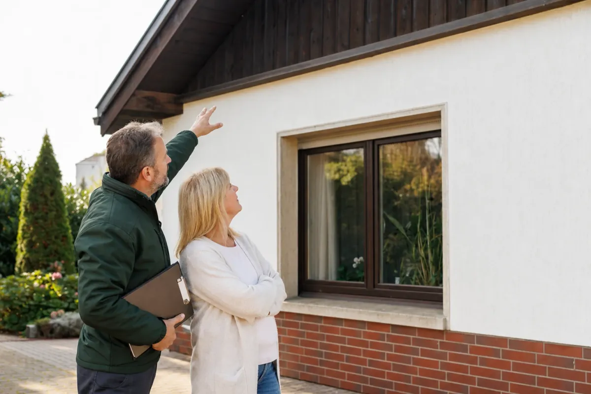 Ein Energieberater und eine Eigentümerin stehen vor einem für Friedrichsdorf typischen Wohnhaus und sehen zum Dachrand hinauf.