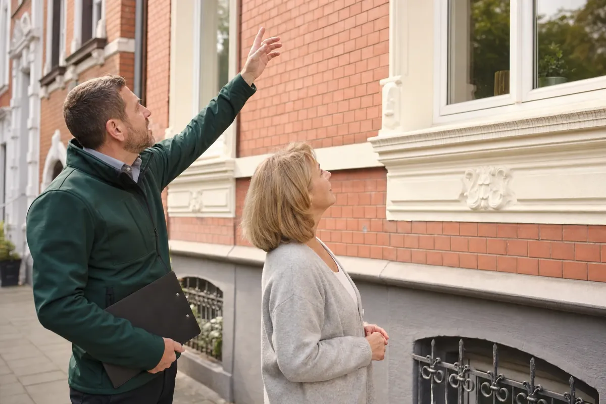 Ein Energieberater und eine Eigentümerin stehen vor einem für Gelsenkirchen typischen Wohnhaus und sehen zum Dachrand hinauf.