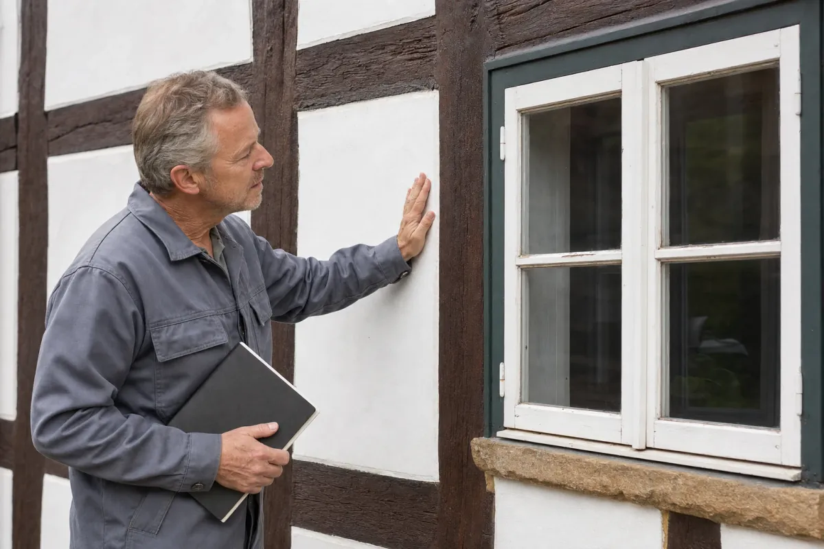 Ein Energieberater prüft von außen den Anschluss zwischen Fensterrahmen und Wand an einem für Göttingen typischen Wohnhaus.