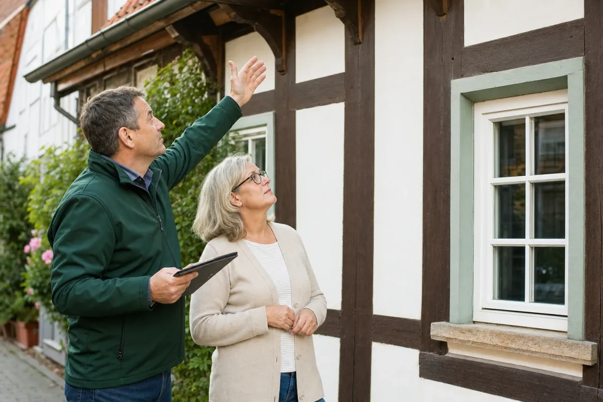 Ein Energieberater und eine Eigentümerin stehen vor einem für Göttingen typischen Wohnhaus und sehen zum Dachrand hinauf.