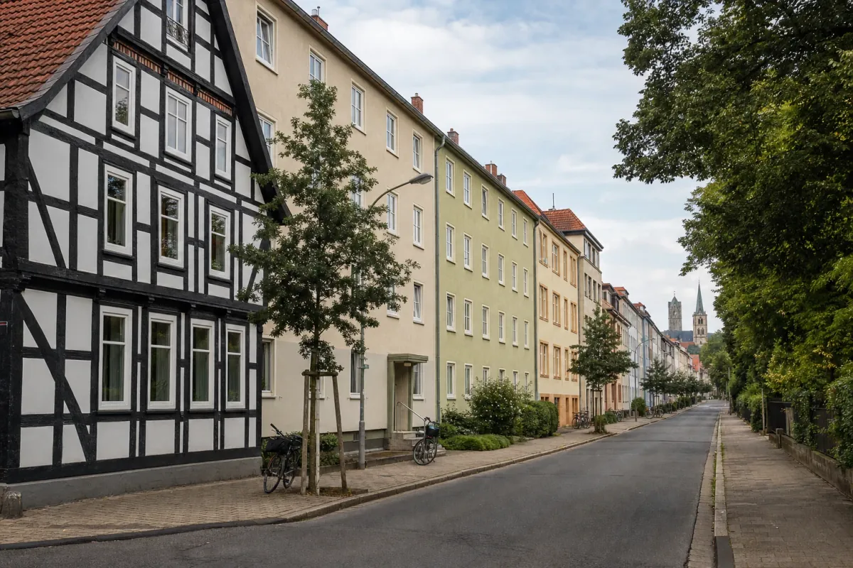 Wohnstraße in Göttingen: die für die Stadt typische Bebauung, im Hintergrund über den Dächern ein Wahrzeichen der Stadt.