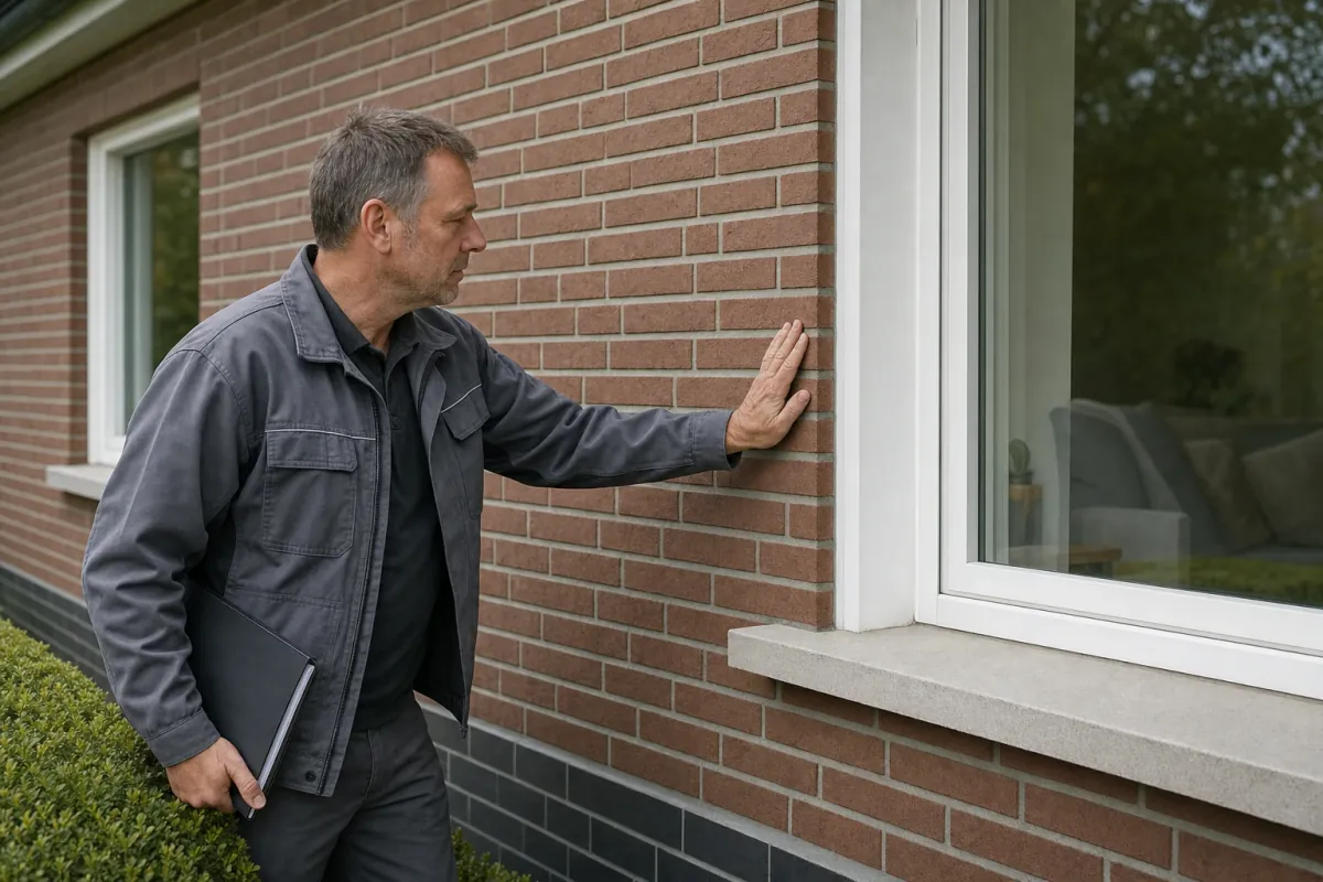 Ein Energieberater prüft von außen den Anschluss zwischen Fensterrahmen und Wand an einem für Gütersloh typischen Wohnhaus.