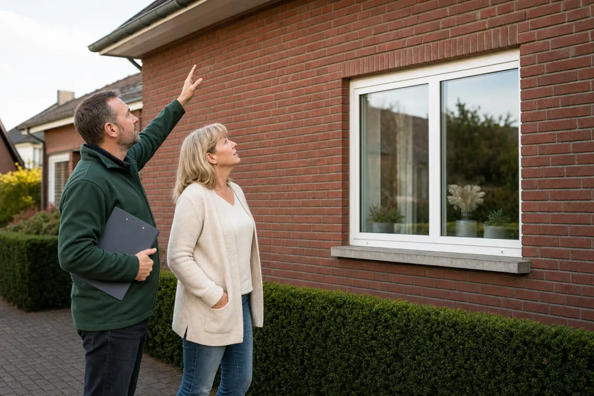 Ein Energieberater und eine Eigentümerin stehen vor einem für Gütersloh typischen Wohnhaus und sehen zum Dachrand hinauf.