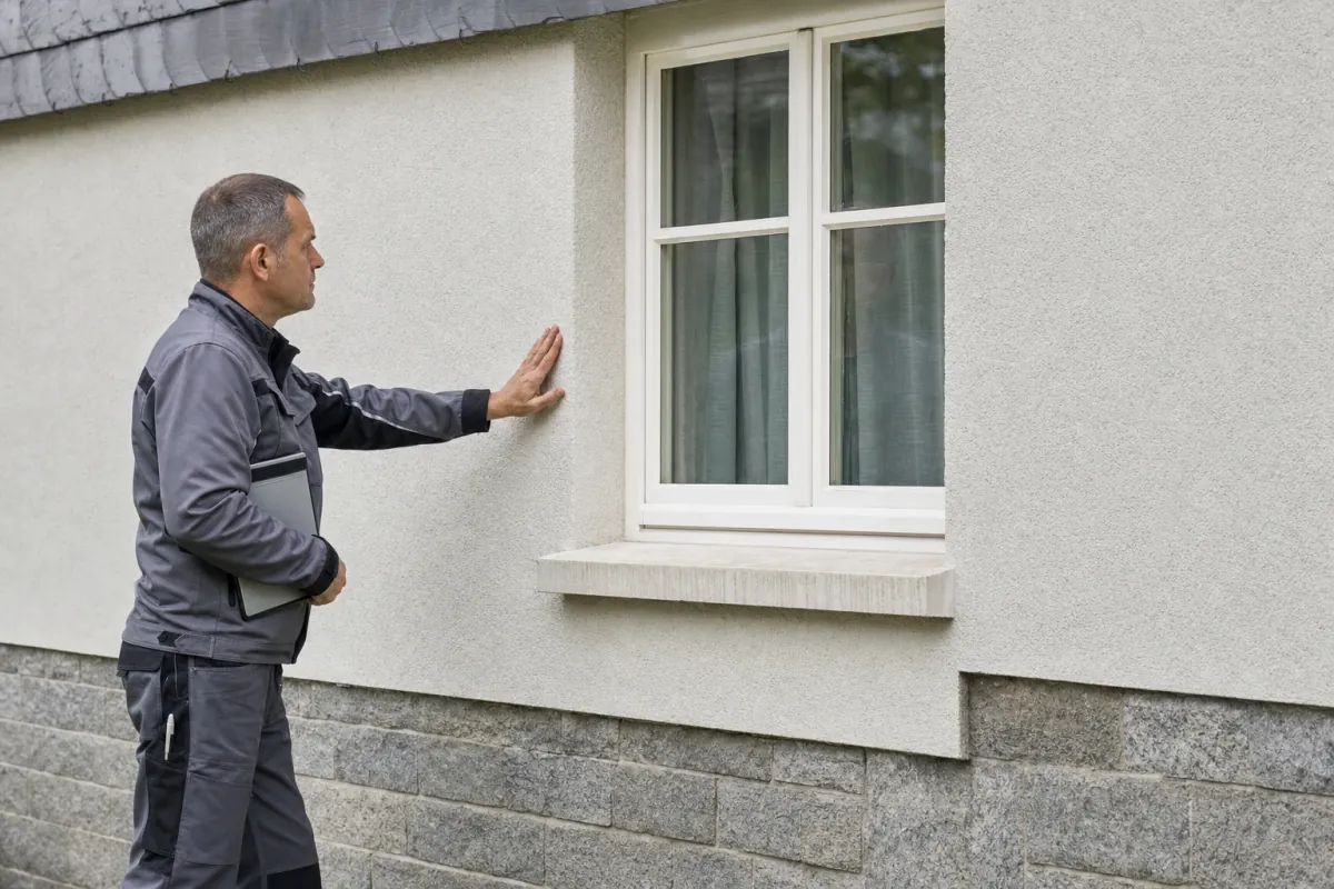 Ein Energieberater prüft von außen den Anschluss zwischen Fensterrahmen und Wand an einem für Hagen typischen Wohnhaus.