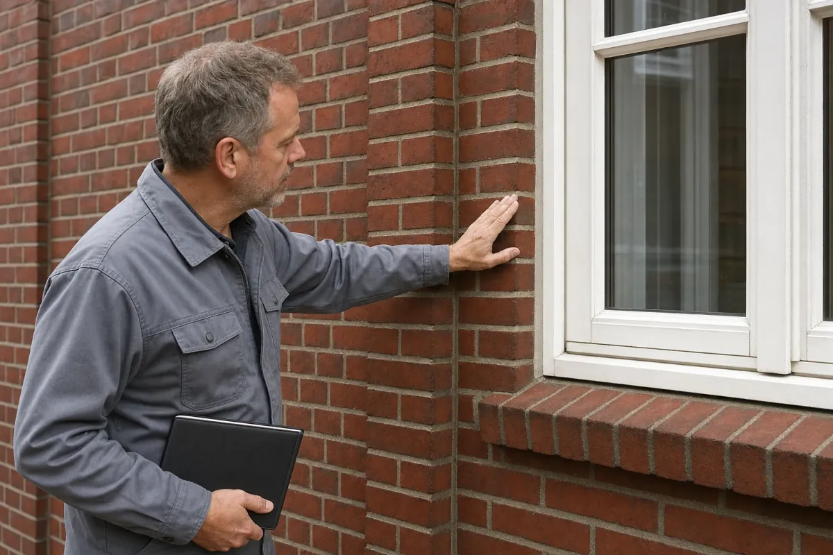 Ein Energieberater prüft von außen den Anschluss zwischen Fensterrahmen und Wand an einem für Hamburg typischen Wohnhaus.