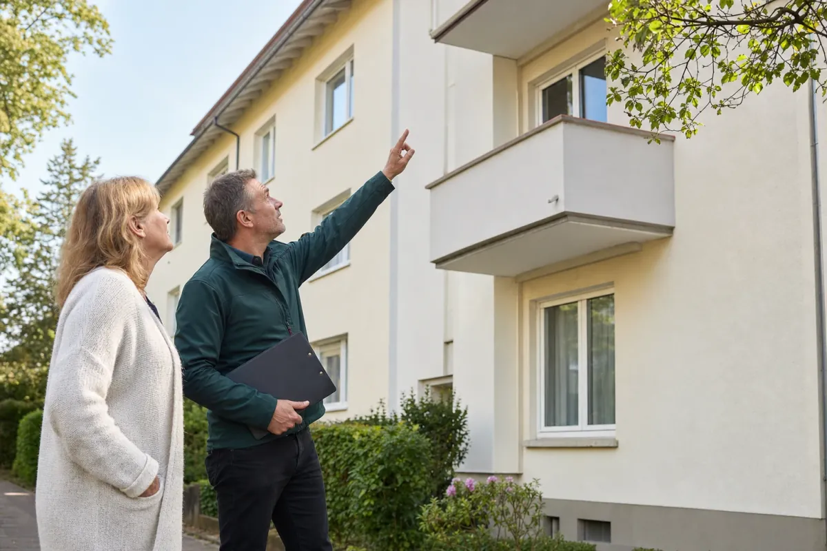 Ein Energieberater und eine Eigentümerin stehen vor einem für Hannover typischen Wohnhaus und sehen zum Dachrand hinauf.